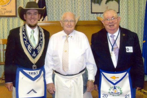 70-YEAR PIN – On, Sept. 16 th Robert Dennis was presented a 70-year pin. The pin was presneted by James Bass, master of the lodge, and J.O.Bass representing the Grand Lodge of Texas. (Shown L-R): James Bass, Master of Olton Masonic Lodge Robert C. Dennis, Recipient of 70-year pin and J.O. Bass, District Deputy Grand Master. (Submitted Photo)