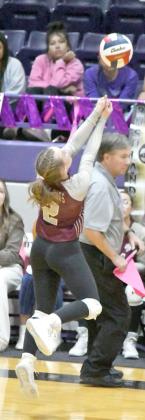 Littlefield senior, Kennadi Hanlin, saves a ball and gets it over the net to keep the play alive, during the first set of the Lady Cat’s Bi-district loss to the Bushland Lady Falcons on Monday in the first round of the volleyball play-offs at Dimmitt High School. (Staff Photo by Derek Lopez)