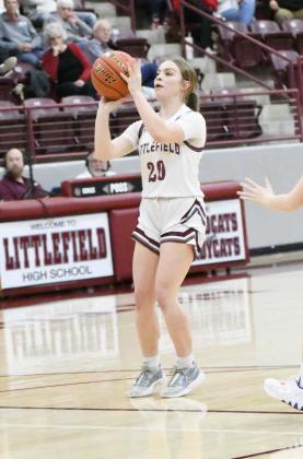 Littlefield senior, Kennadi Hanlin, pulls up and knocks down a jumper from the free-throw line, during the Lady Cats’, 90-22, thrashing of Friona on Friday for senior night at Wildcat Gym. (Staff Photo by Derek Lopez)