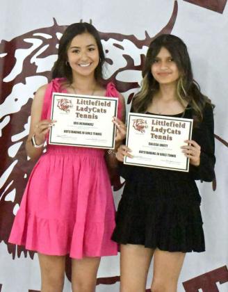 2023-2024 JV TENNIS AWARDS - Iris Hernandez, Co-Outstanding JV Girl’s Tennis Award; Calissa Jouett, Co-Outstanding JV Girl’s Tennis Award. (Not Shown): Jonah Ramirez, Outstanding JV Boy’s Tennis Award. (Staff Photo by Derek Lopez)
