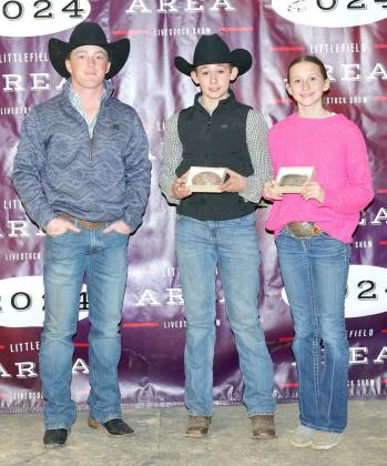 Senior Beef Showmanship Award - Ty Carr, Littlefield 4-H (Middle) and Junior Beef Showmanship Award - Piper Carr, Littlefield 4-H (Right). With judge Hadley Albracht (Left). (Photo by MD Creations)