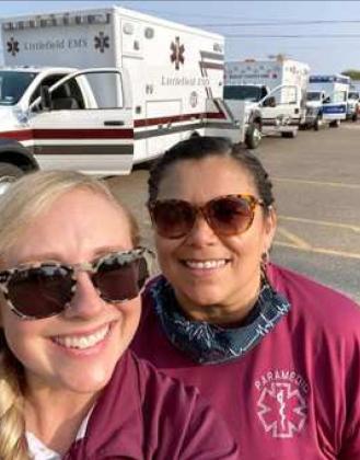 LITTLEFIELD EMS PERSONNEL, Tonya Saenz and Louisa Martinez with the Littlefield Ambulance in the line with others, while on duty in Texas and Louisiana as they were ready to evacuate people from the approaching hurricane storms. (Photo courtesy Littlefield EMS)