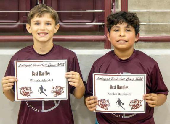 Waverly Aduddell and Kayden Rodriquez received ‘Best Handles’ awards at the Littlefield Basketball Camp on June 19, 2025. (Photo by Madison Vidales)
