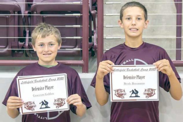 Graceson Golden and Brody Bussanmas received ‘Defensive Player’ awards at the Littlefield Basketball Camp on June 19, 2025. (Photo by Madison Vidales)