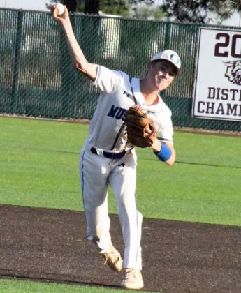 Olton’s Cole Montgomery fields a ball at shortstop and fires a shot to first for an out to end the bottom of the first inning, during their, 9-0, Bi-district loss to Ropes on Thursday in Littlefield. (Staff Photo by Derek Lopez)