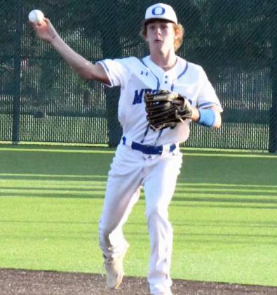 Olton’s Jett Tomsu fields a ball at second base and throws it to first for the first out of the bottom of the third inning, during their, 9-0, Bidistrict loss to Ropes on Thursday in Littlefield. (Staff Photo by Derek Lopez)