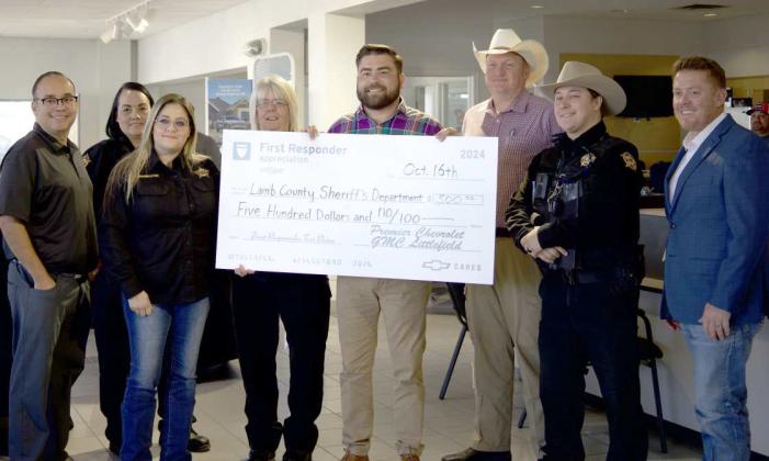 Premiere Chevrolet GMC of Littlefield presented an award of $500 to the Lamb County’s Sheriff’s Office on Oct. 16. (Staff Photo by Rhode Duenas)
