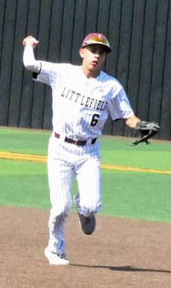 OUT AT FIRST – Littlefield senior second baseman, Jeremiah Salazar, fields a ground ball and gets the out at first, during game one of the Wildcats’ victory over Kermit on Friday in their Class 3A Bidistrict play-off series at Seminole. (Staff Photo by Derek Lopez)