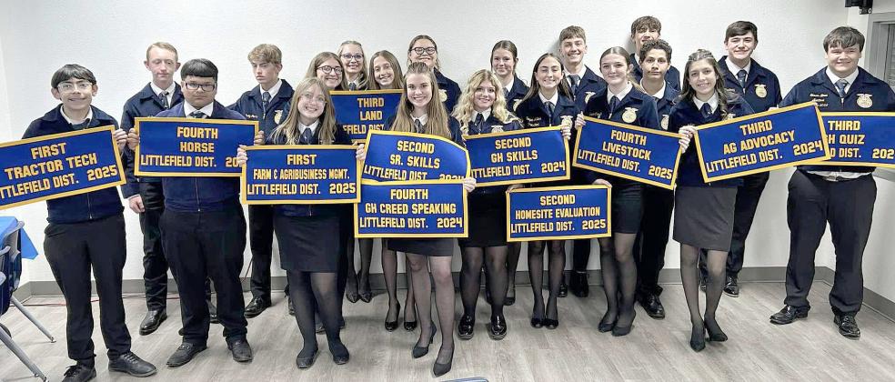 The Littlefield FFA District Banquet was held on May 12, 2025. Ty Carr retired as the District treasurer and Maggie McNeese was elected as the new 2025-2026 District Sentinel! (See left) Proud of you Maggie McNeese!! They also received their LDE and CDE banners and had great representation from Littlefield FFA! Super proud of these kids and the amazing year they have had!! (Submitted Photo)