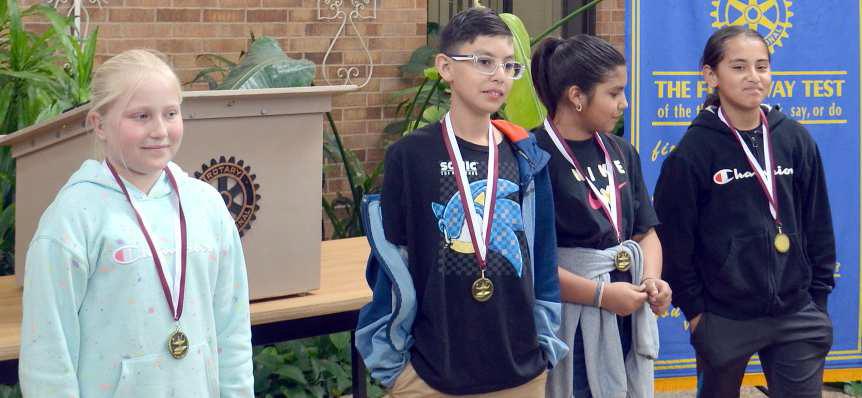 ROTARY REASONERS -- For the Fifth Six Weeks most improved in math skills from Sixth Grade: Kaitlyn Meiwes, Noah Cantu, Caylie Navarrete, and Za’Niaylah Hernandez. (Photo by Grata Reber)