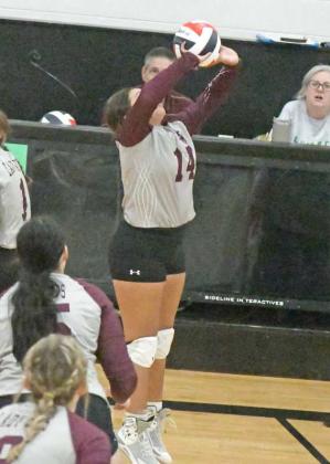 OVER THE NET – Littlefield’s Alex Hernandez sends a hit over the net, as the Lady Cats try to win the volley with Forsan, During set two of their 3-2 loss to the Lady Buffaloes on Tuesday at Ropes. (Staff Photo by Derek Lopez)