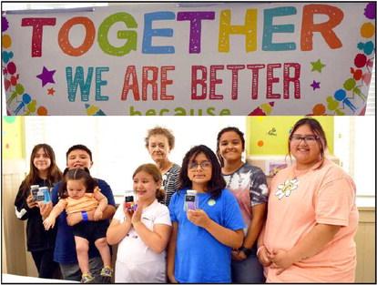 Chloe Guerrero, Josiah Marquez, Chloe Cross, Joy Patterson (program volunteer), Keiaura Griffith, Cadence Sanchez (program volunteer), and Tori Rogue(program volunteer) display some of the “Affirmation Jars” created at the Lamb County Library summer reading program on Wednesday, June 14, 2023. (Photo by Ann Reagan)