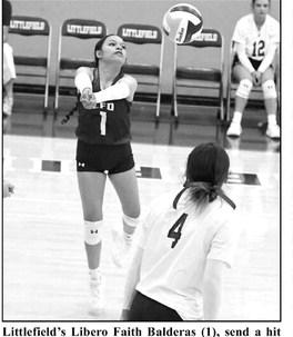 Littlefield’s Libero Faith Balderas (1), send a hit over the net, during the first set of the Lady Cats’ loss to Childress last Tuesday in district play. (Staff Photo by Derek Lopez)