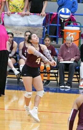 Littlefield’s Alyssa Torres digs out a hit from Childress, during their road district match-up with the Lady Cats on Tuesday. (Staff Photo by Derek Lopez)