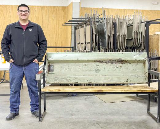 Christian Solis crafted an outdoor recreational bench for his Ag Mechanics project for the Littlefield Area Junior Livestock Show on Friday at the Lamb County Ag Center. The projects were judged by Dalton Howard. (Photo by MD Creations)