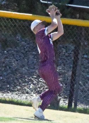 Littlefield senior, Bradyn Redman, catches a fly ball in right-center field for an out, during the bottom of the first inning, of the Wildcat’s, 10-1, victory over Friona on Saturday. (Staff Photo by Derek Lopez)
