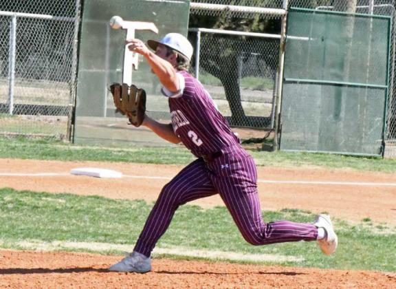 Littlefield’s Major McNeese started on the mound for the Wildcats on Saturday against Friona. He pitched five innings, giving up two hits, while striking out six batters. (Staff Photo by Derek Lopez)