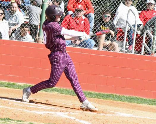 Littlefield senior, Chip Green, blasts a two-run homerun to left field, during the top of the third inning of the Wildcats, 10-1, victory over Friona on Saturday in district play. (Staff Photo by Derek Lopez)