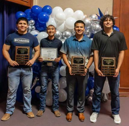 2023-2024 Olton Mustang Football Awards - Michael Matute, Fighting Heart Award; Adrian Reyna, 1st Team Academic All-State; Jacob Marquez, Defensive MVP; Joshua Villanueva, Offensive MVP. (Photo Courtesy of Dusty Gorman)