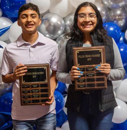 2023-2024 OLTON CROSS COUNTRYAWARDS - Mustang Cross Country MVP, Harry Amador; Fillie Cross Country MVP, Stephanie Hernandez. (Photo Courtesy of Dusty Gorman)