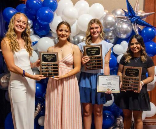 2023-2024 Olton Fillie Volleyball Awards - Offensive MVP’s, Amie Beelitz and Emma Acker; Fighting Heart Award and 1st Team Academic All-State, Payge Davina; Defensive MVP, Evelyn Matute. (Photo Courtesy of Dusty Gorman)