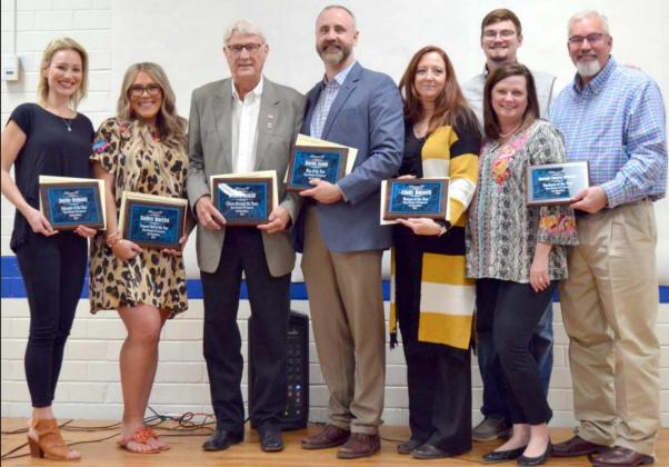 OLTON’S C-CA FIESTA BANQUET HONOREES—Honored Saturday night, March 6, 2021, in the Olton School Cafeteria, were, left to right, Jayde Neinast, “Educator of the Year”; Kailey Harris, “Support Staff of the Year”; Dewey Hukill, “Citizen Through the Years”; David Azam, “Man of he Year”; Cindy Russell, “Woman of the Year”; and Stacie and Michael Ramage and son, Zachary, with “Business of the Year” for Ramage Funeral Directors. (Staff Photo by Joella Lovvorn)