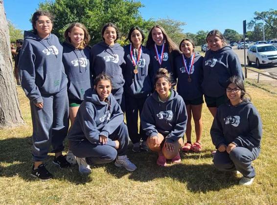 DISTRICT RUNNER-UPS – The Springlake-Earth Lady Wolverines’ JV cross country team finished as the Runner-ups at the district 4-1A Cross Country Meet at Plainview on Tuesday. (Shown): Sydney Furr, Violeta Martinez, Jessica Mendoza, Halee Toscano, Annabelle Anchondo, Kyleigh Kennedy, Ingrid Macias, Natalie Rosalez and Anaveah Delao. (Submitted Photo)