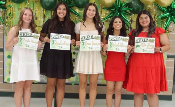 SPRINGLAKE-EARTH CHEERLEADERS - Braylee Herriage, Hannah Alvarez, Emma Samaron, Aabriella Villanueva and Mascot, Khloe Marez. (Submitted Photo)