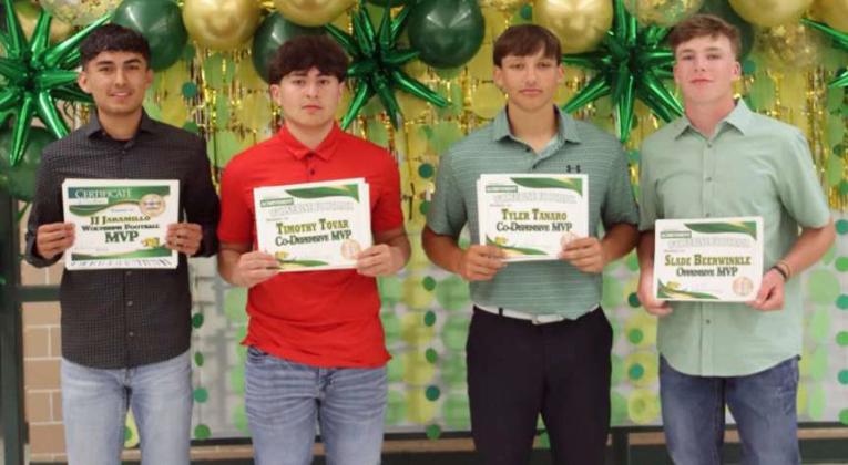 SPRINGLAKE-EARTH FOOTBALL MVP’S - JJ Jaramillo, MVP; Timothy Tovar, Co-Defensive MVP; Tyler Tanaro, Co-Defensive MVP; Slade Beerwinkle, Offensive MVP. (Submitted Photo)