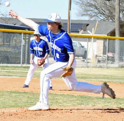 BRINGING THE HEAT - Olton senior pitcher, Logan Lassiter, deliveres a pitch in the top of the first inning, of the Mustangs, 24-4, district victory over the Hale Center Owls on Tuesday in Olton. Lassiter pitched four innings for the Mustangs. (Staff Photo by Derek Lopez)