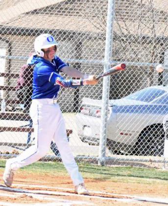 LEADING OFF THE INNING - Olton’s Brody Langford leads off the bottom of the first inning for Olton with a single down the third-base line, during the Mustang’s, 24-4, victory over Hale Center on Tuesday in district play. (Staff Photo by Derek Lopez)