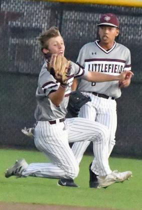 Littlefield’s Major McNeese makes a sliding catch in right-center field to retire the side, during the bottom of the fifth inning, as the Wildcats fell to Lamesa on Tuesday, 5-4. (Staff Photo by Derek Lopez)