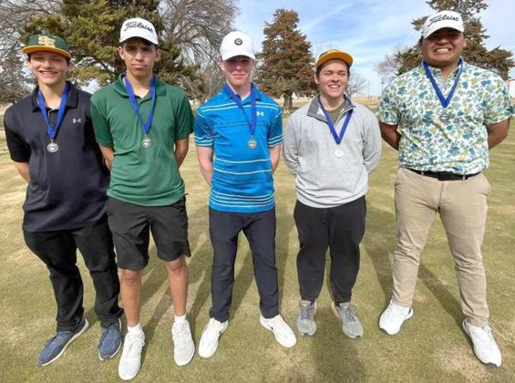 SECOND PLACE -The Springlake-Earth varsity boy’s golf team took second place at Farwell on Monday, March 6th. (L-R): Tyler Tanaro finished the day with a score of 99, while Alex Alvarez shot a 98 and Slade Beerwinkle shot an 88. Braden Bradley shot a 105, while Xavyer Mosqueda shot an 88. (Submitted Photo)