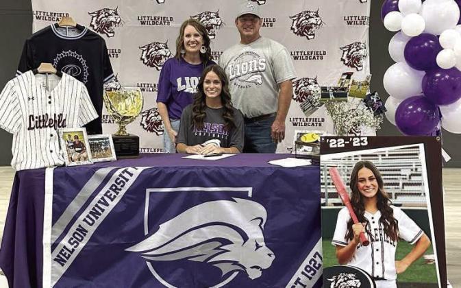 Littlefield senior, Bryndle Ray, signed her Letter of Intent on Dec. 16th to continue her softball and academic career at Nelson University in Waxahachie, Tx. Her signing was held in the commons area at LHS, where she was surrounded by Family, Teammates, Coches and classmates in a small ceremony. (Submitted Photo)