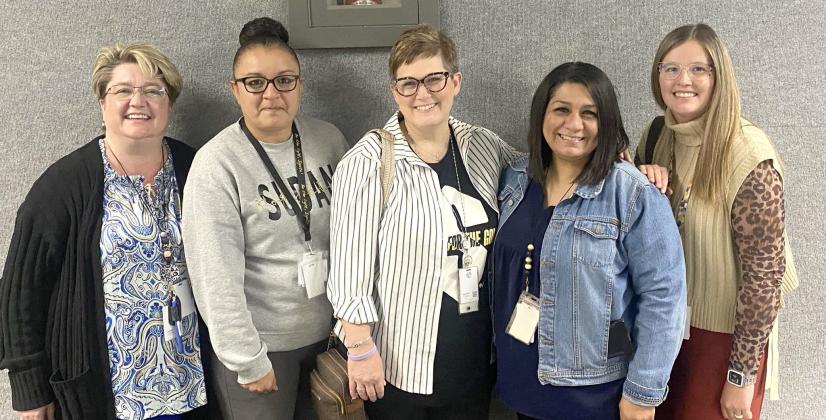 PARAPROFESSIONALS DAY – April 2, 2025 was National Paraprofessionals Day. Sudan I.S.D. honored their paraprofessionls on Wednesday: “Thank you so much for all of your hard work. It’s good to be a Hornet paraprofessional.” Left to right, Callie Henson, Martha Melendez, Chanda Schovajsa, Rosalinda Montes, and Haley McIntosh. (Submitted Photo)