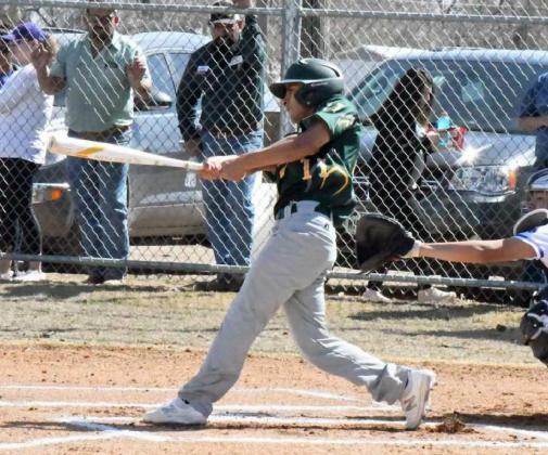 BRINGING IN RUNS – Springlake-Earth senior, Jalen Solis, ripped a two-RBI triple into left-center field to make the score, 2-0, in the top of the first inning of the Wolverines’ Shorty Barlow Classic Tournament-opener victory over Dimmitt JV in Earth on Thursday. (Staff Photo by Derek Lopez)