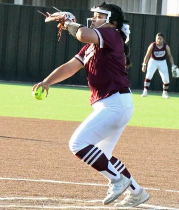 Littlefield pitcher, Natalia Sanchez, delivers a pitch during the Lady Cats, 9-3, bi-district loss to the Lady Devils in Wink on Friday. Sanchez finished the game pitching five innings, giving up 11 hits, one walk and nine runs, six earned, while earning four strikeouts in the contest. (Staff Photo by Derek Lopez)