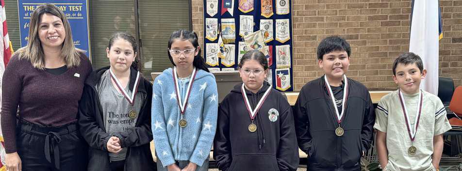 Shown is Rotary President Lori Zinn with the 4th Grade Writers: Giovanny Cantu, Zakariah Carrasco, Mia Lucero, Alejandra Astoria-Espinoza and Melanie Solis. (Submitted Photo)