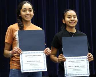 Dennys Reyes Torres, Valedictorian of the Amherst High School and Maricella Celeste Gonzalez, Salutatorian of Amherst High School received Scholarships from the Amherst Chamber of Commerce and Agriculture during the awards ceremony at the Amherst School Auditorium on Monday, May 13, 2024. (Photo byAnn Reagan)