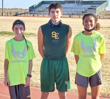 STATE BOUND — The Springlake-Earth cross country teams are sending three individuals to the State Meet in Round Rock, which will take place next Monday at Old Settler’s Park. (L-R): Taytum Goodman, Josh Samaron and Kani Holmes. (Staff Photo by Derek Lopez)