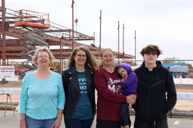 FOUR GENERATIONS walked through the halls of what will soon be “Old” Littlefield High School. Fayedell Arend (‘67), Shamie Mitchell (‘87), Kara Silvas (‘10), and Jacob Silvas (‘26). Kara Silvas, stated, “A lot of memories were made there, but we’re excited for all the new changes happening.” The four participated in the steel signing that took place on Friday at the work site of the new Littlefield High School. (Photo by Ann Reagan)