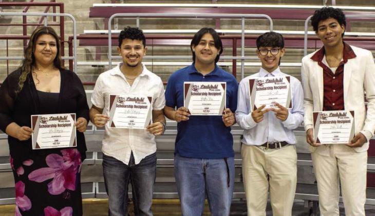 Mia Rodriguez, Nathan Rodriguez, Matthew Rios, Caleb Caudillo and Jordan Randle receive scholarships from the LHS Band Boosters at the Littlefield High School scholarship ceremony on May 19, 2026. (Photo by Madison Vidales)