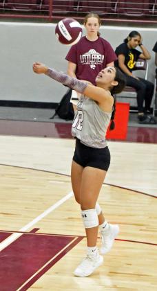 Littlefield’s Tailyn Gomez plays the back line hitting a ball back towards the net as the Lady Cats look to go on the attack, during the third set of the Lady Cats’, 3-0, victory over Loop last Saturday at Wildcat Gym. (Staff Photo by Derek Lopez)