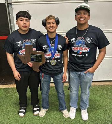 Olton’s Isaac Florentino, Jaime Reyna and Adolfo Garcia competed at the Regional Powerlifting Meet in Brownfield on Thursday, where Reyna punched his ticket to the State Powerlifting Meet in Abilene. (Submitted Photo)