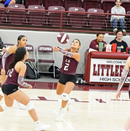 Littlefield’s Cali Saldana sends a hit over the net against Lamesa to keep the play alive, during their first set against the Lady Tornadoes on Tuesday in the second match of their dual at Wildcat Gym. (Staff Photo by Derek Lopez)