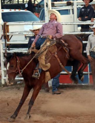 This cowboy drew a high-kicking bronc during the Ranch Bronc Riding Competition at the WRCA Rodeo held in Earth, Texas Friday. September 19, 2025. (Photo by Ann Reagan)