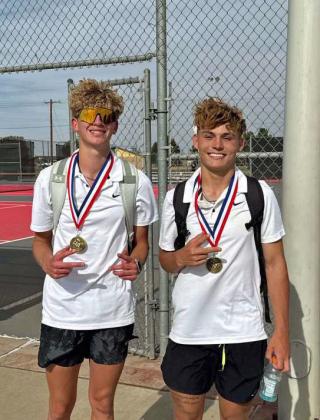 Sudan’s Boy’s doubles tennis team of Aspen Reyher and Kasen Kauffman brought home the district championship for the Boy’s Doubles division at the District Tournament, punching their ticket to Regionals. (Submitted Photo)