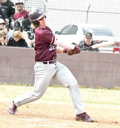 DRIVING IN RUNS – Littlefield sophomore, Brendon Bowman rips a two-RBI single to the right field fence to cut the lead to, 5-3, in the top of the fifth inning of the Wildcats loss to Abernathy in the seasonopener. (Staff Photo by Derek Lopez)