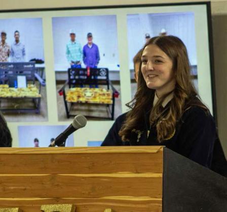 FFA Secretary Devyn Crouch addresses attendees at the annual FFA banquet on May 12, 2025. (Staff Photo by Madison Vidales)