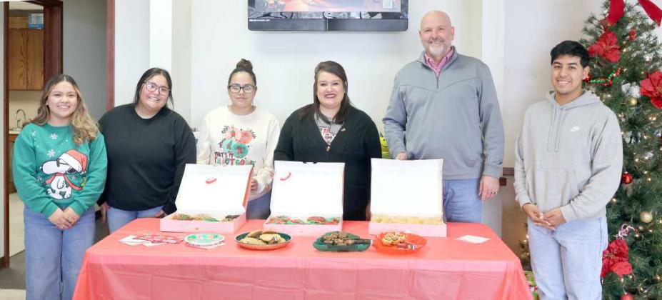 Ale Duran, Quiauhtzin Jasso, Yulissa Rangel, Ashlee Garcia, Brian Calaway-mgr., and Lucas Hinojosa ( not pictured -Brenda Rojero), the staff of Prosperity Bank of Littlefield hosted a Christmas Reception featuring decorated cookies and doughnuts by Jack and Jill of Littlefield on Friday, December 13, 2024. (Photo by Ann Reagan)